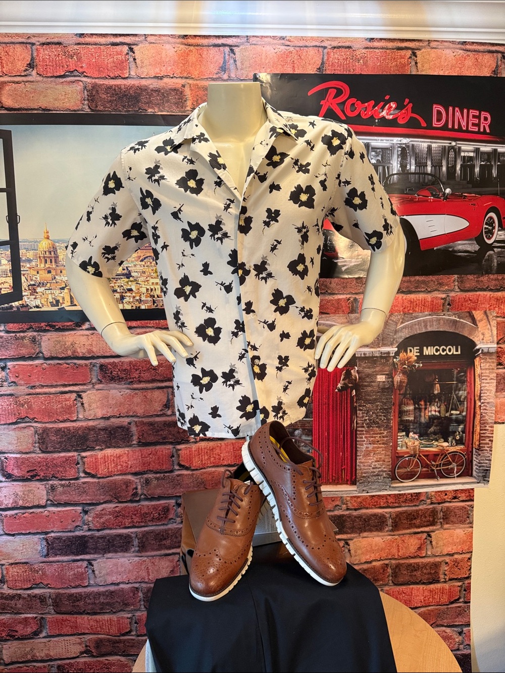 Uniqlo Cream Shirt with Black Floral Print and Yellow Accents